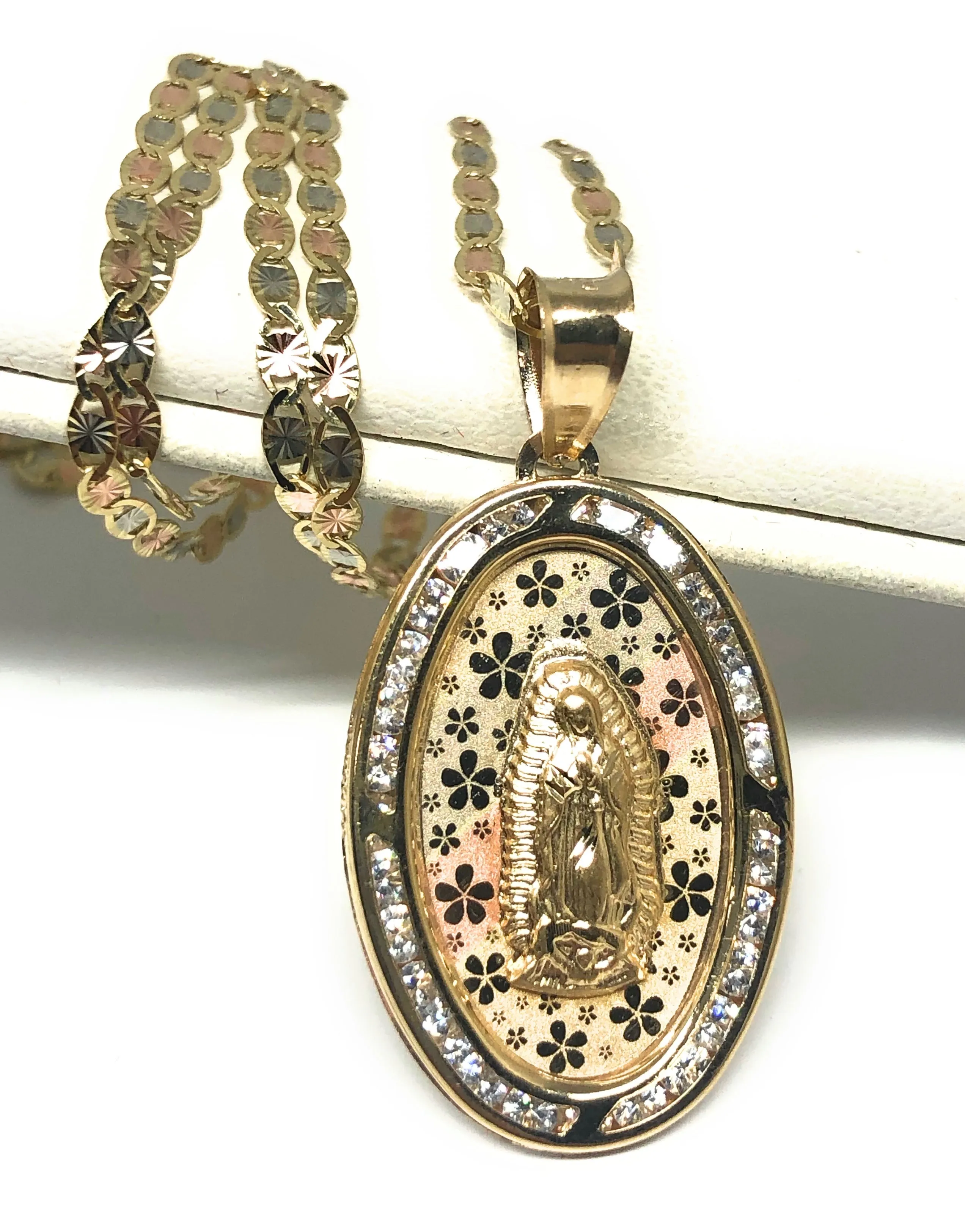 10k Solid Gold Tri-Color Virrgin Mary Oval Flower Print CZ Pendant Necklace Virrgen Gaudalupe (LG,MED,SM)