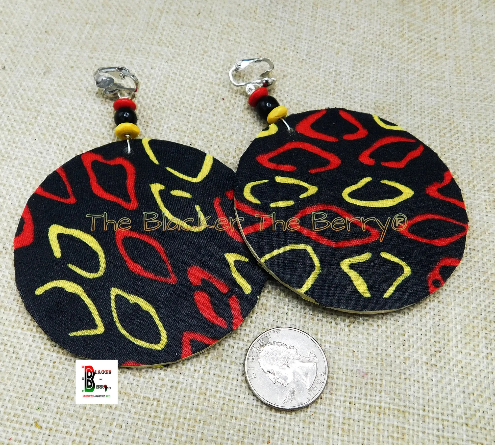 African Clip On Earrings Ankara Jewelry Red Yellow Black Beaded Cowrie Handmade Black Owned