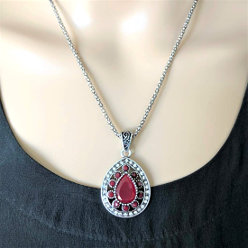 Antique Red Teardrop Pendant Silver Chain