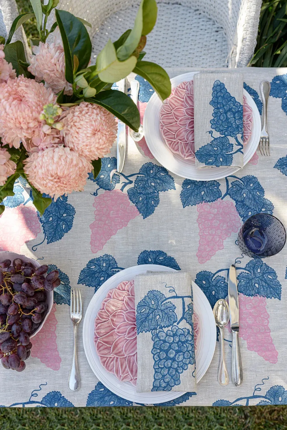 AQUA DOOR DESIGNS GRAPES TABLECLOTH NAVY & PINK