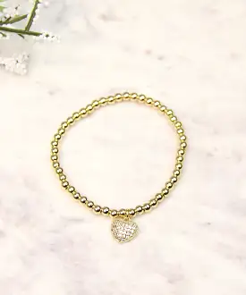 Beaded Bracelet with Pave Heart Charm - Gold