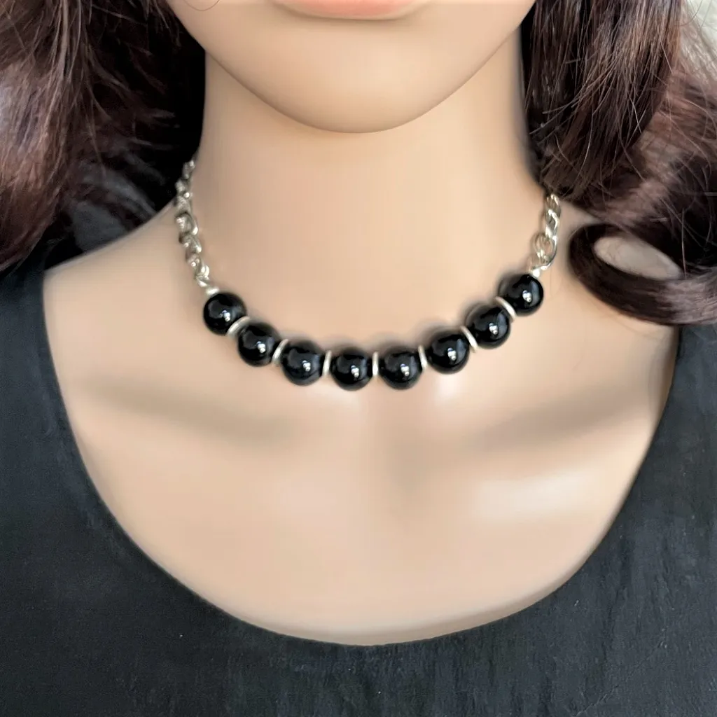 Black Agate and Silver Chain Necklace