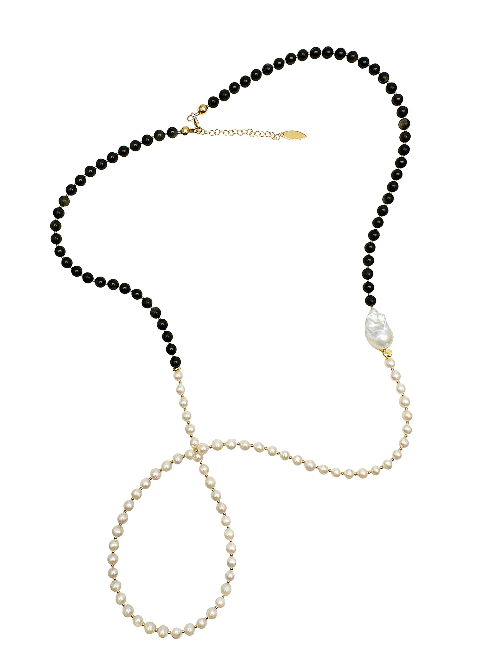 Black Obsidian and White Freshwater Pearls Long Necklace JN059