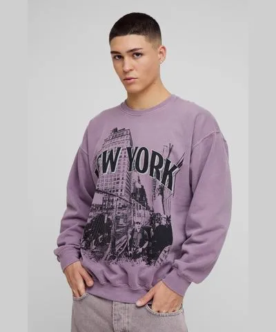 boohoo Mens Oversized Washed New York Graphic Sweatshirt