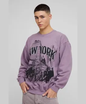 boohoo Mens Oversized Washed New York Graphic Sweatshirt