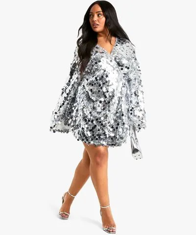 boohoo Womens Plus Disc Sequin Wrap Flare Sleeve Dress