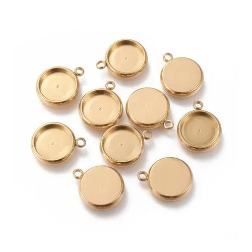 Cabochon Setting, 304 Stainless Steel, Pendant Base, Round, Gold, Ion Plated, Bezel Cup, Fits 10mm