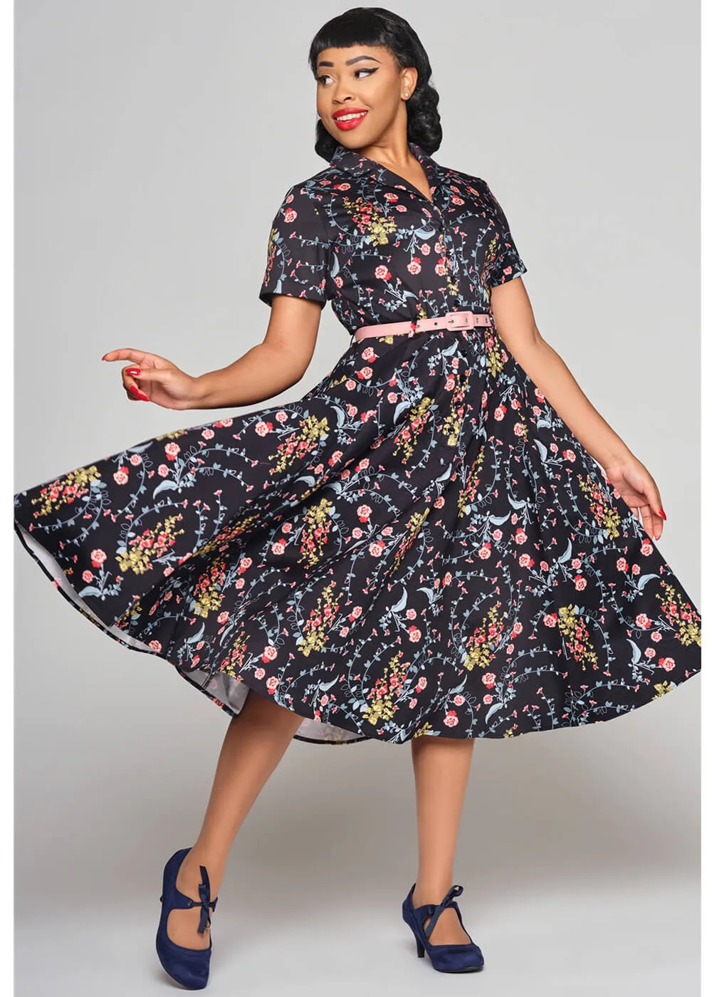 Collectif Caterina Hollyhocks Hooray Cherryblossom 40's Swing Dress Navy