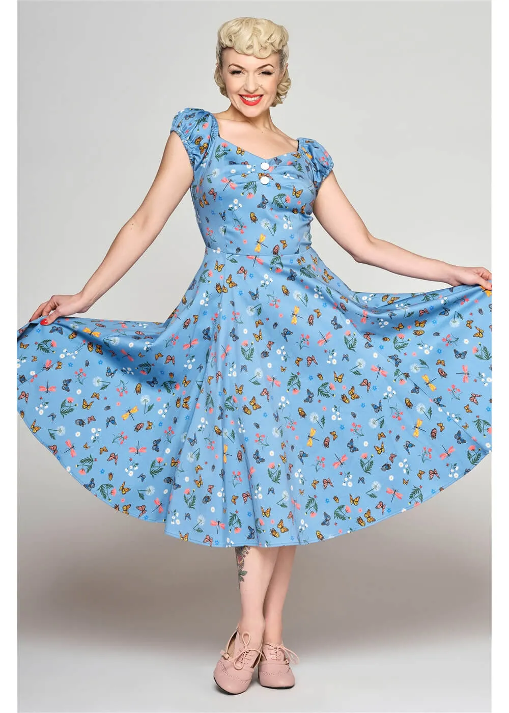 Collectif Dolores Butterfly Fields 50's Swing Dress Light Blue