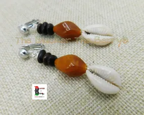 Cowrie Shell Clip On  Dangle Glass Beaded Women Jewelry Handmade Black Owned