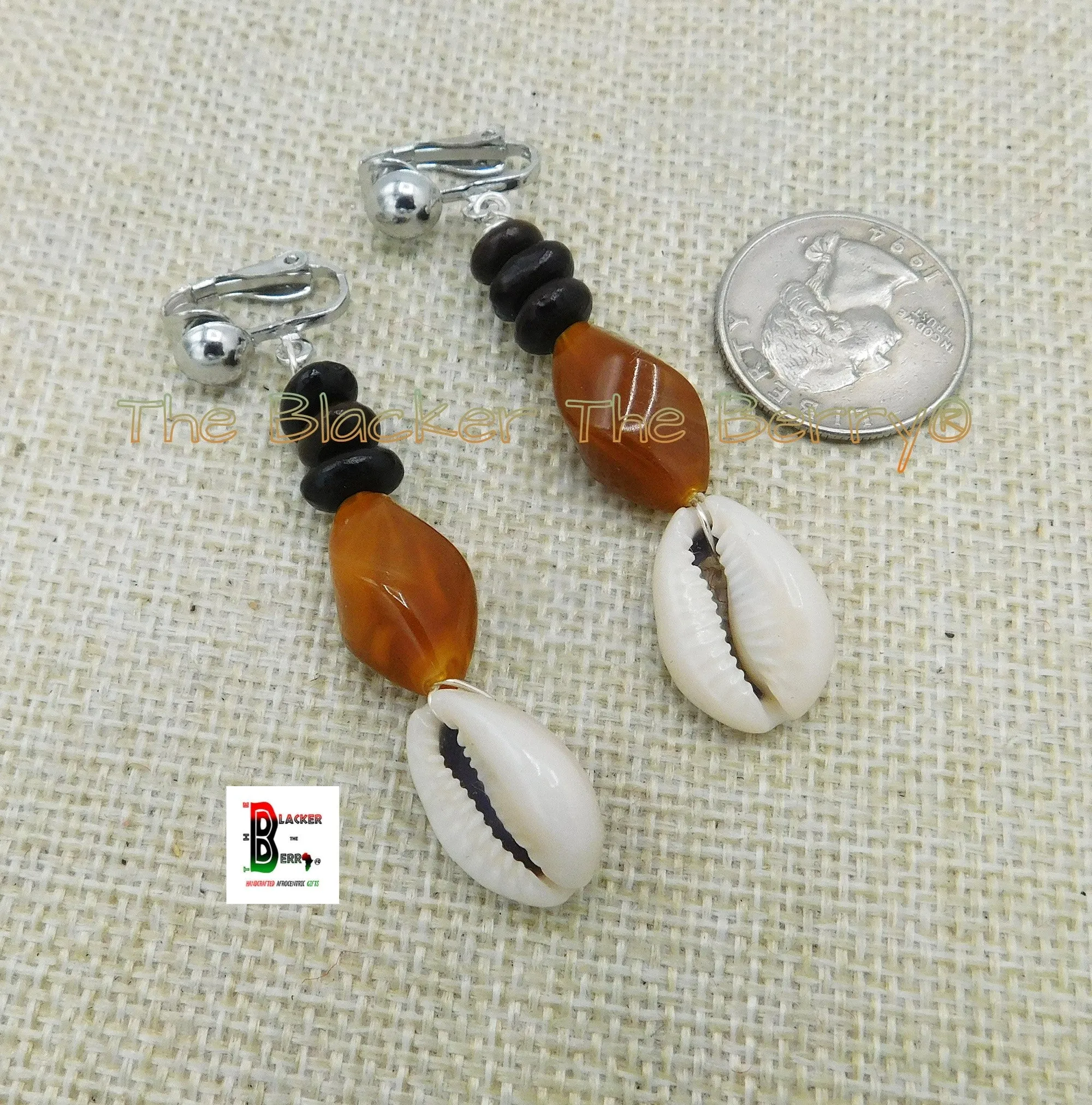 Cowrie Shell Clip On  Dangle Glass Beaded Women Jewelry Handmade Black Owned