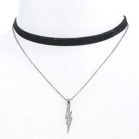 Crystal Lightening Bolt Silver Chain and Black Layered Choker