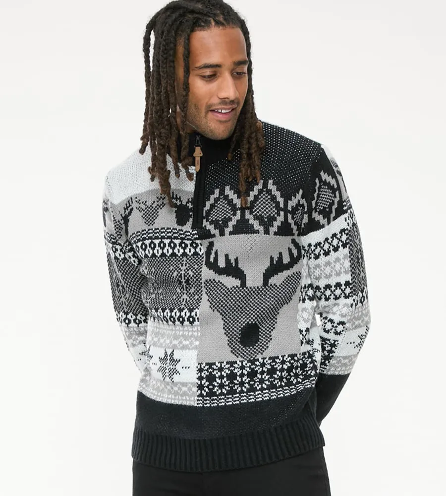 D555 Mens Christmas Jumper With 1/4 Zip and Stag Design (ICICLE)