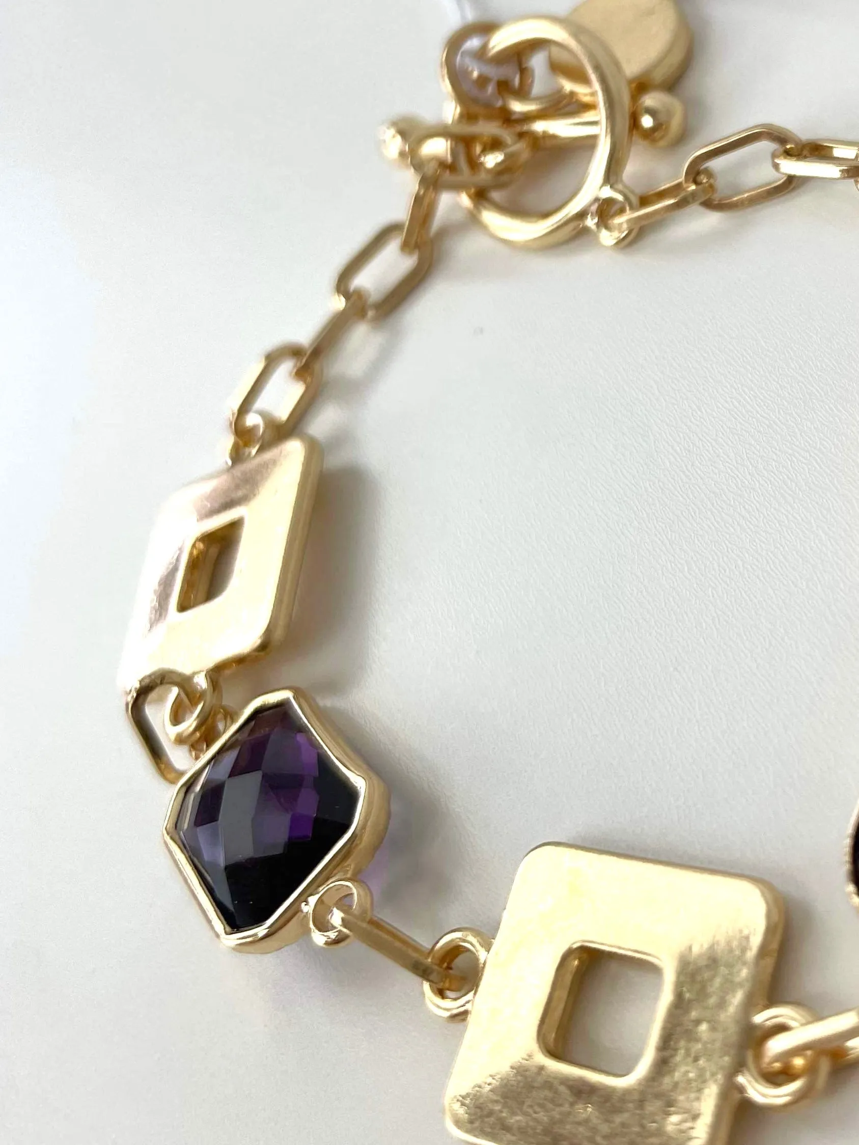 Envy Trinny Gemstone Chain T-Bar Bracelet - Gold & Purple