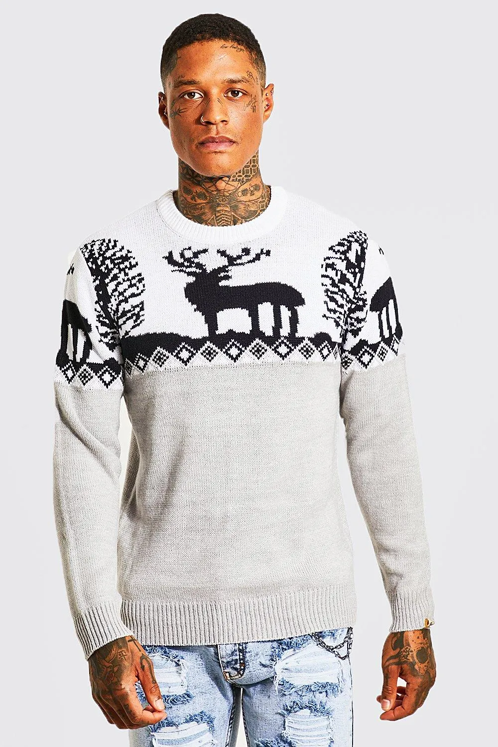 Fair Isle Knitted Christmas Jumper | boohooMAN UK