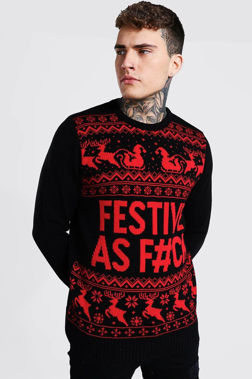 Festive Slogan Knitted Christmas Jumper | boohooMAN UK