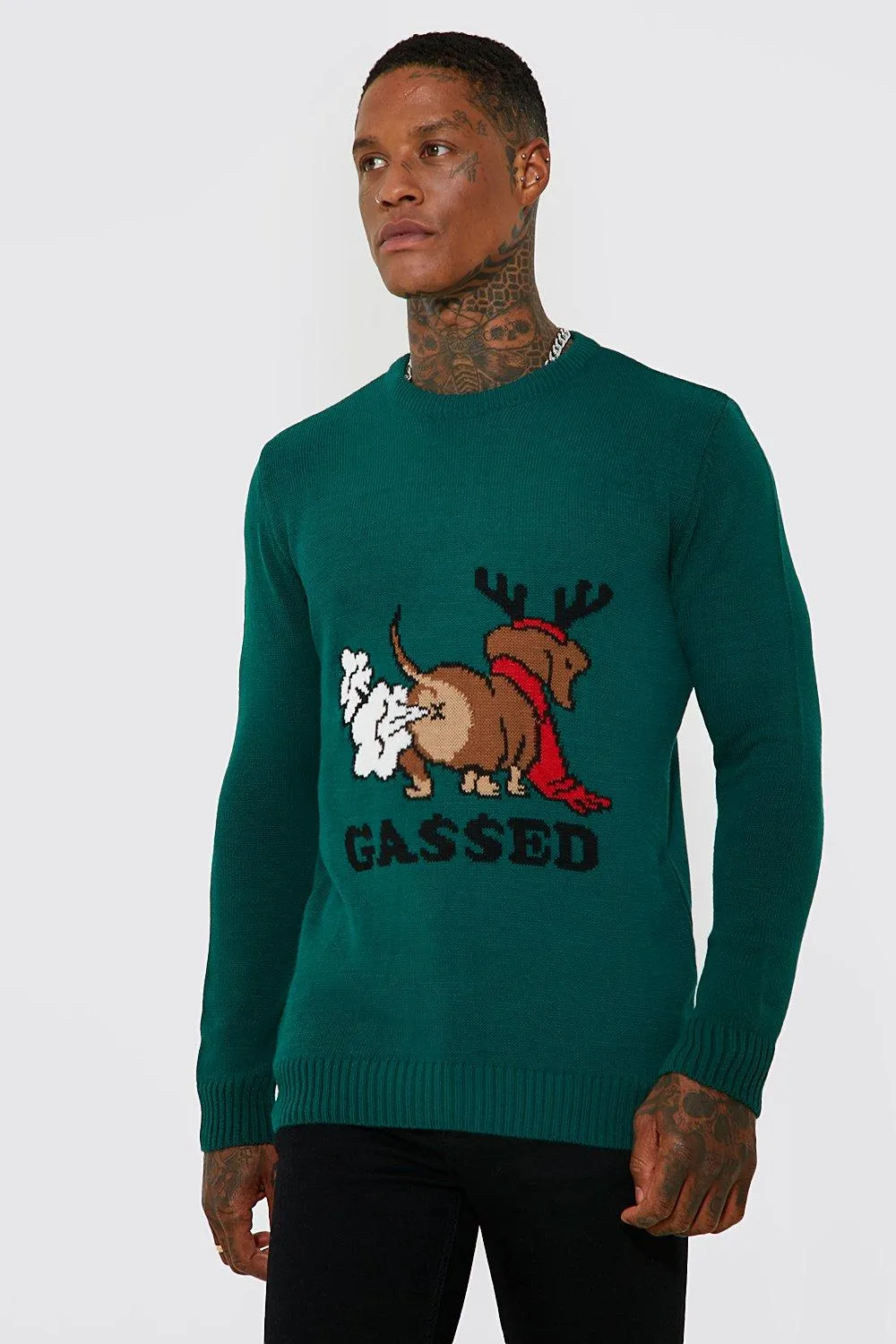 Gassed Slogan Christmas Jumper | boohooMAN UK