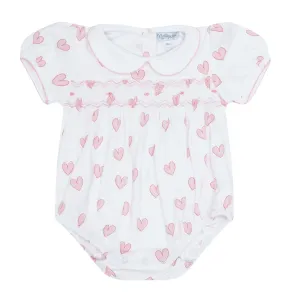 Heart Print Smocked Bubble - Pink