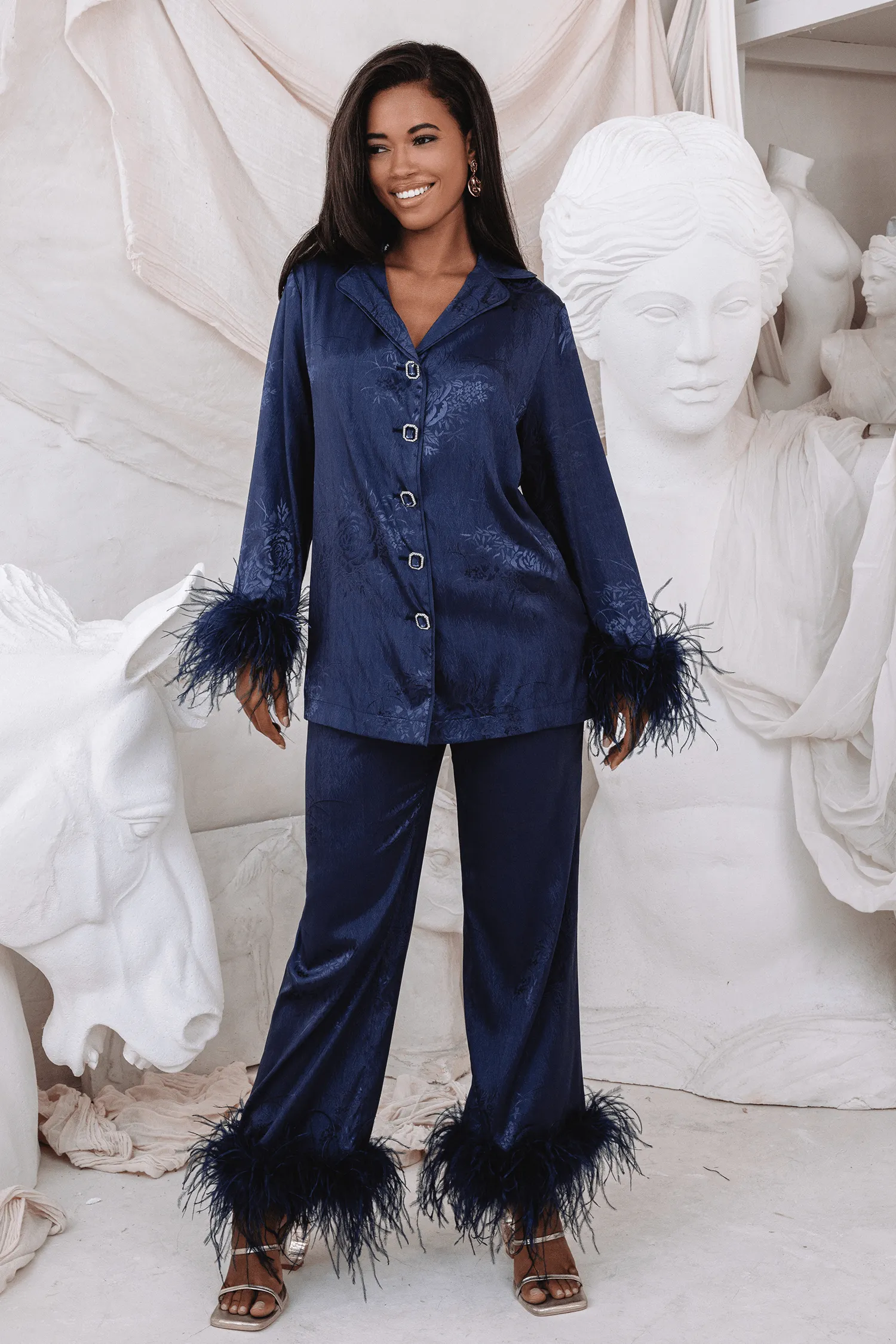 HELEN Feather Trim Satin Jacquard Pyjama In Navy