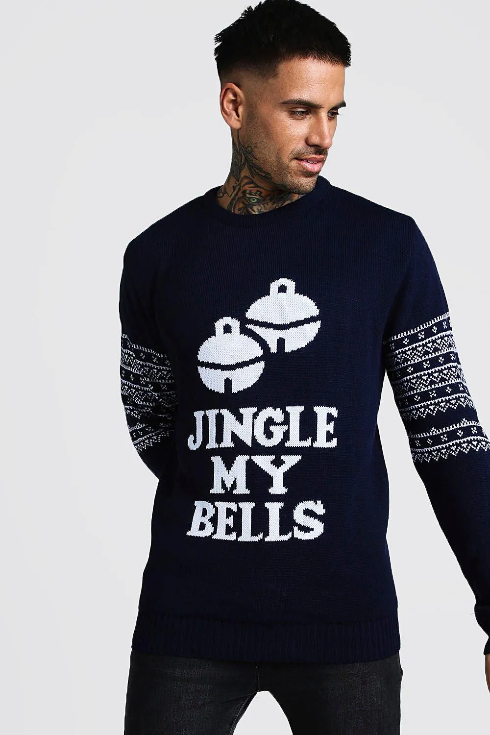 Jingle My Bells Slogan Christmas Jumper | boohooMAN UK