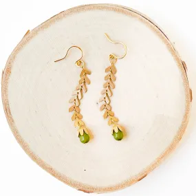 Long Gold Chevron and Green Bead Earrings - WS