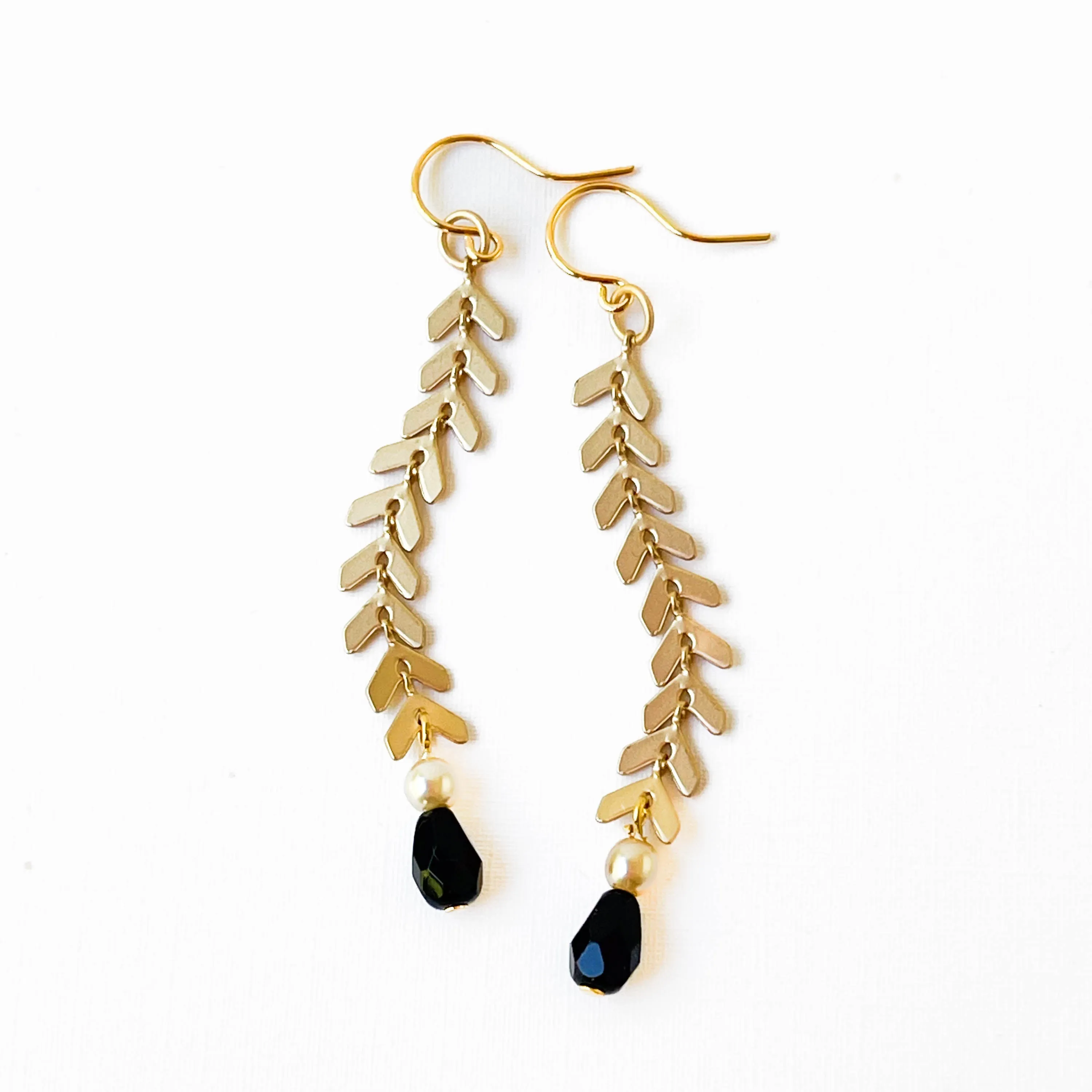 Long Gold Chevron Earrings with Pearl and Black Beads - WS