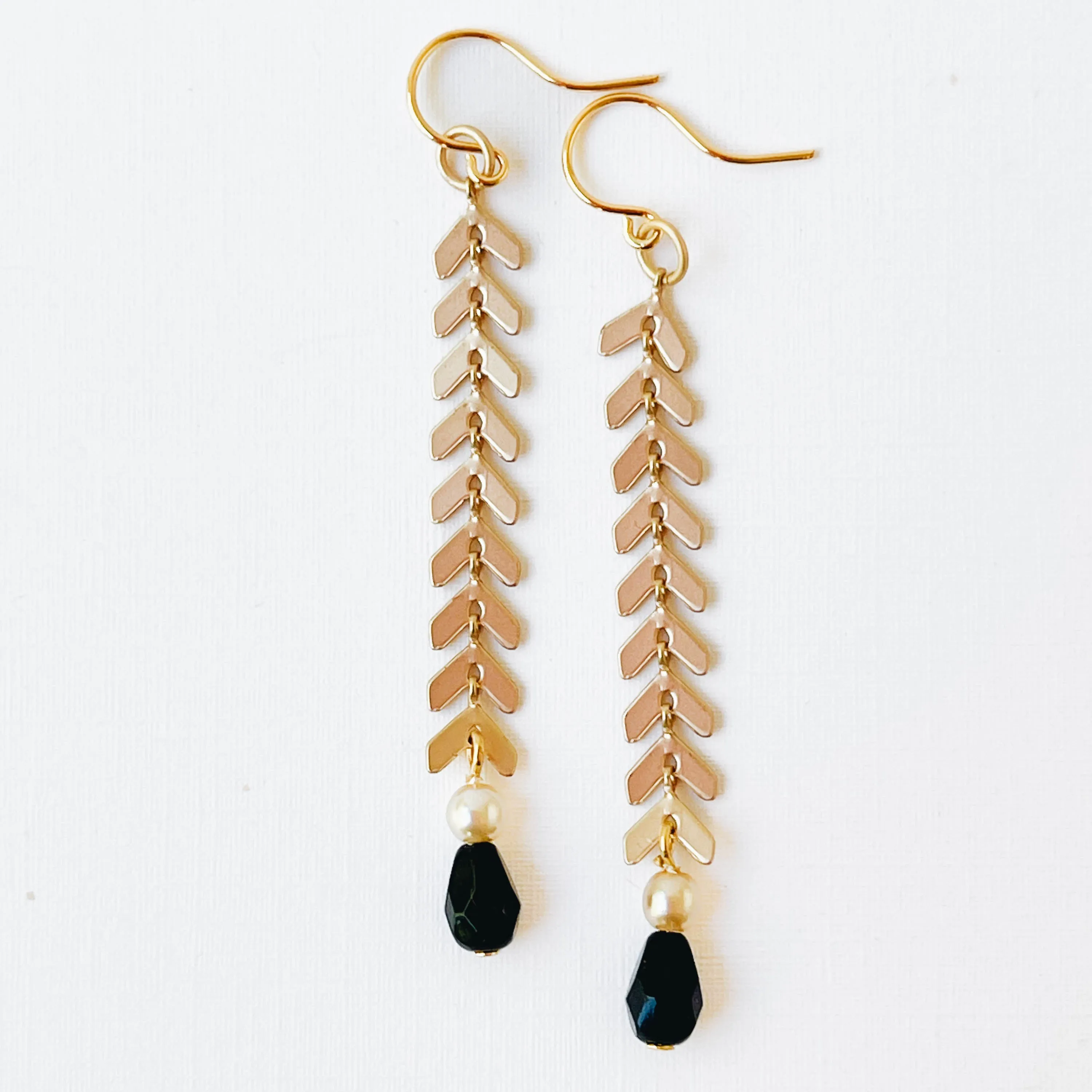 Long Gold Chevron Earrings with Pearl and Black Beads - WS