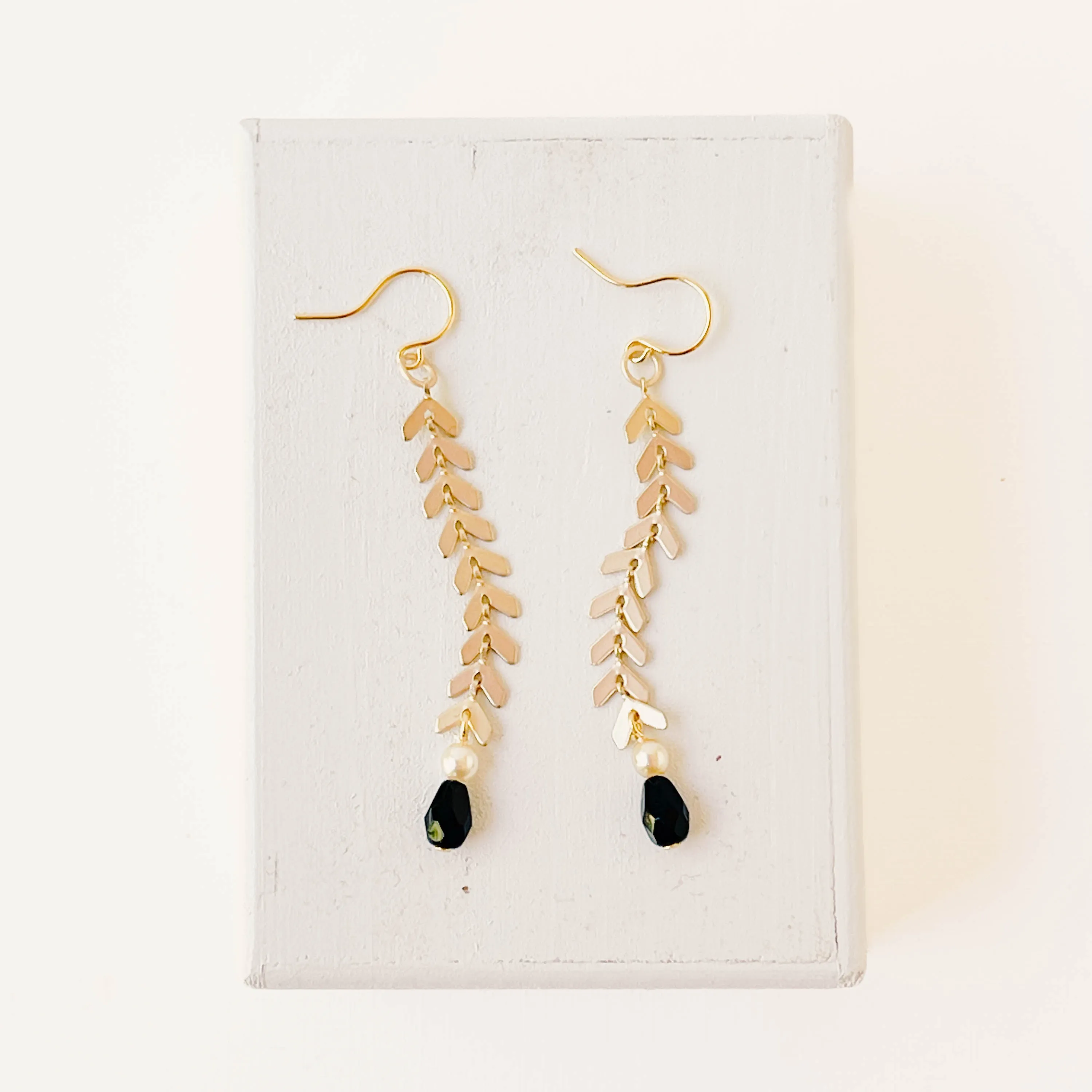 Long Gold Chevron Earrings with Pearl and Black Beads - WS