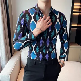 Men's Korean Style Diamond Pattern Printed Long Sleeve Shirt