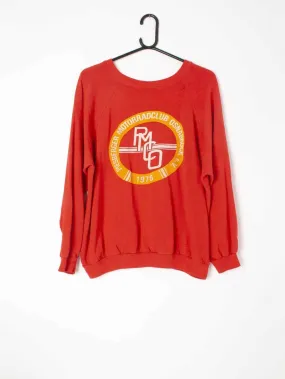 Mens red vintage Fruit of the Loom sweatshirt with front and back motifs – M / L