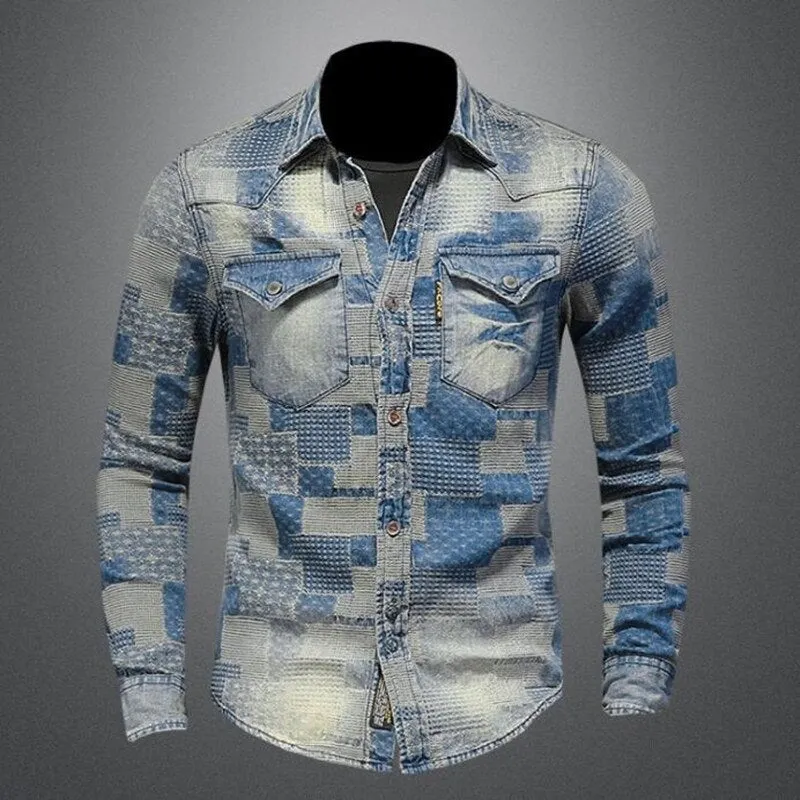 Men's Vintage Punk Style Personality Patchwork Long Sleeve Denim Shirt