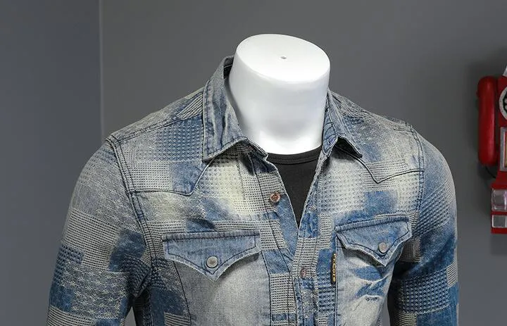 Men's Vintage Punk Style Personality Patchwork Long Sleeve Denim Shirt