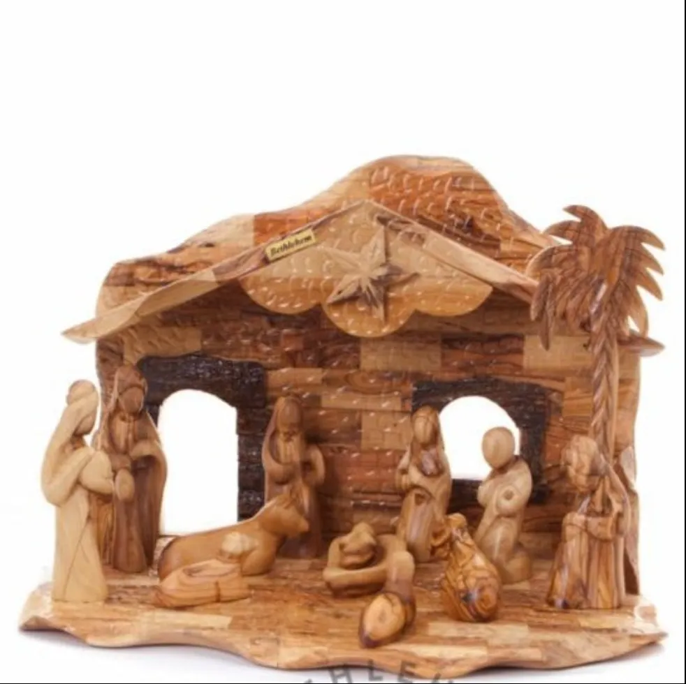 Nativity Scene Set with Music Player, Wood Carved in Bethlehem