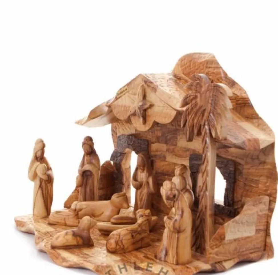 Nativity Scene Set with Music Player, Wood Carved in Bethlehem