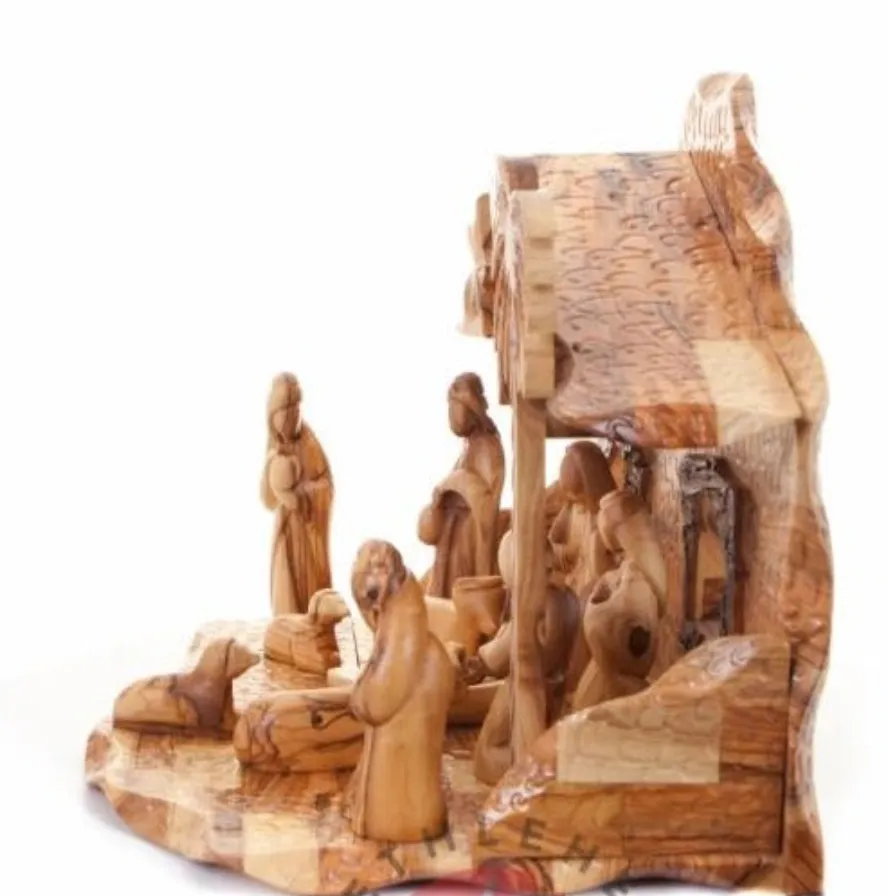 Nativity Scene Set with Music Player, Wood Carved in Bethlehem