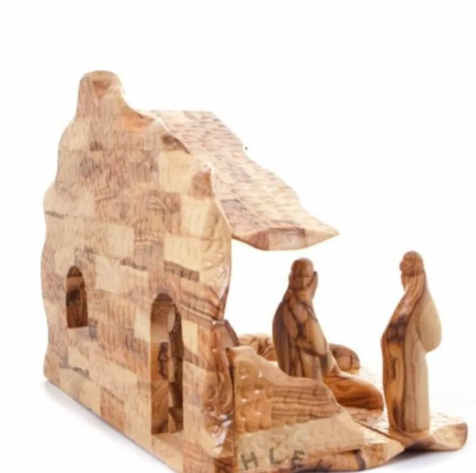 Nativity Scene Set with Music Player, Wood Carved in Bethlehem