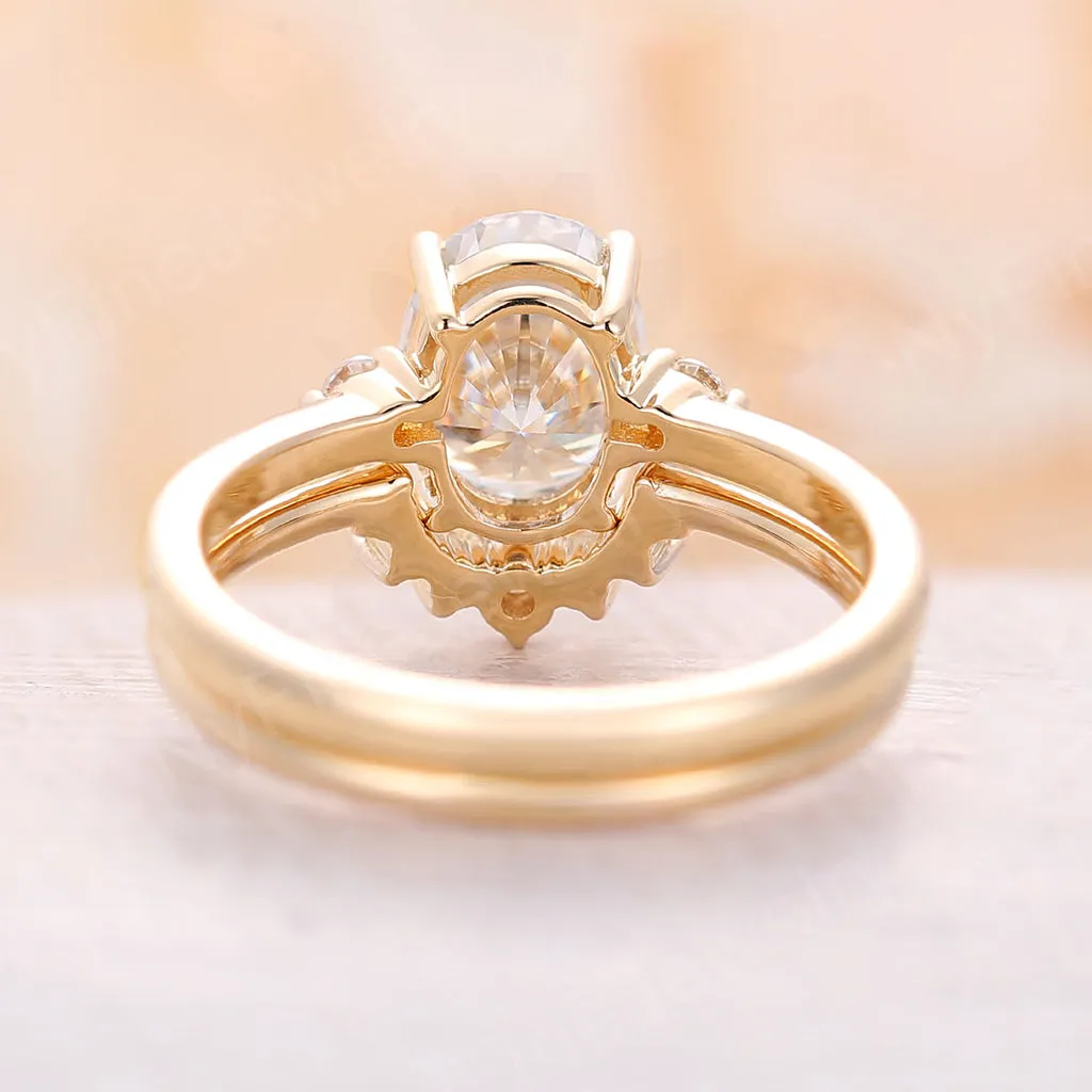 Oval Moissanite Yellow Gold Three Stones Bridal set