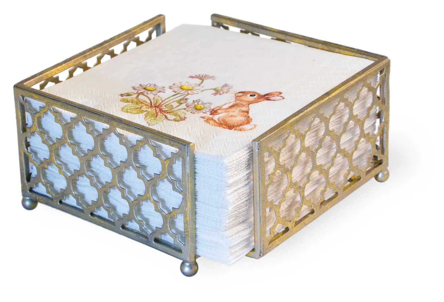 Paper Cocktail Napkin Metal Caddy Tangier Trellis Gold Foil