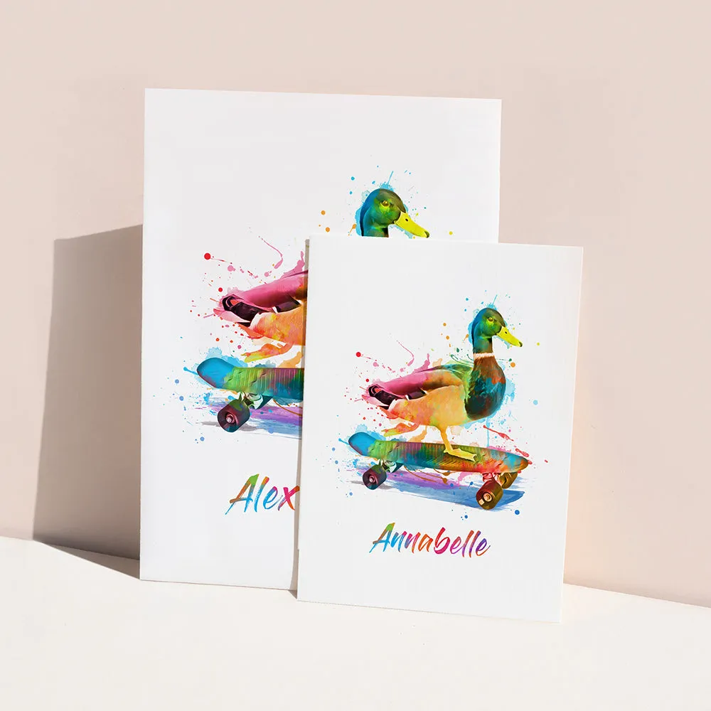 Personalised Watercolour Duck Skateboarding Print