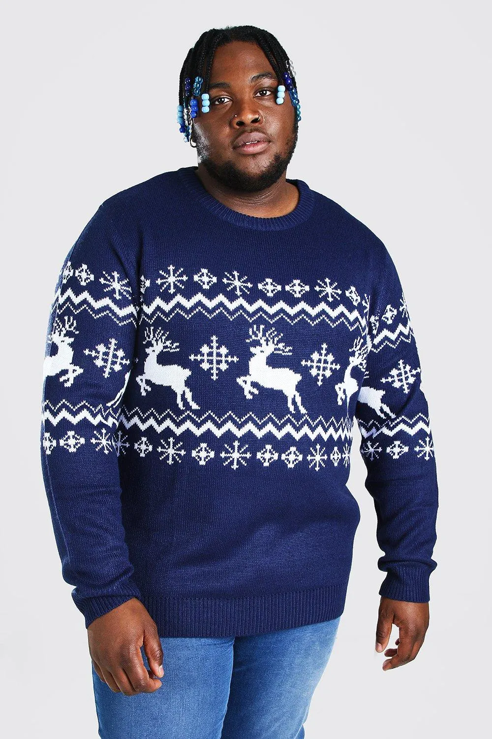 Plus Size Reindeer Panel Christmas Jumper | boohooMAN UK