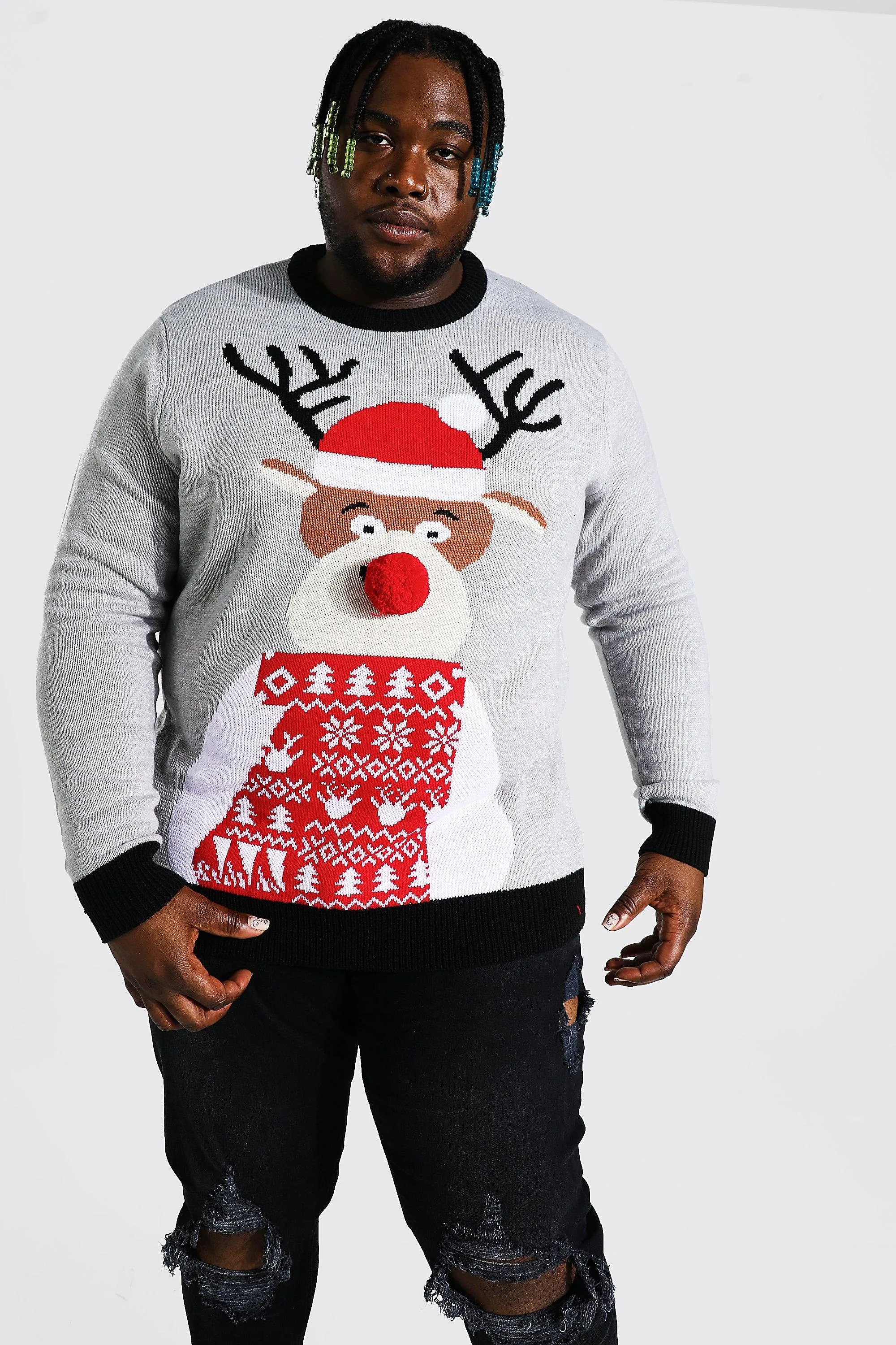 Plus Size Reindeer Santa Christmas Jumper | boohooMAN UK