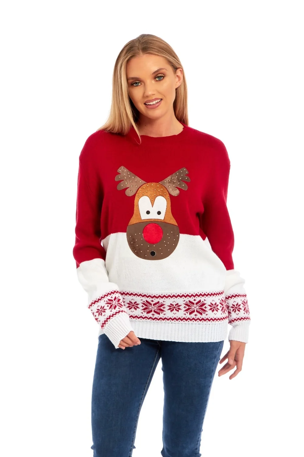 Red Reindeer Christmas Jumper With Snowflake Pattern