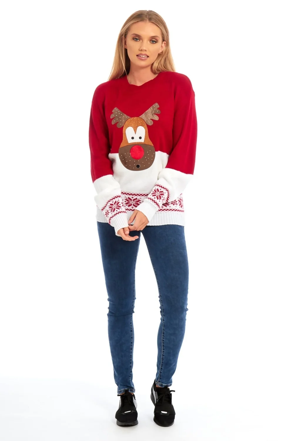 Red Reindeer Christmas Jumper With Snowflake Pattern