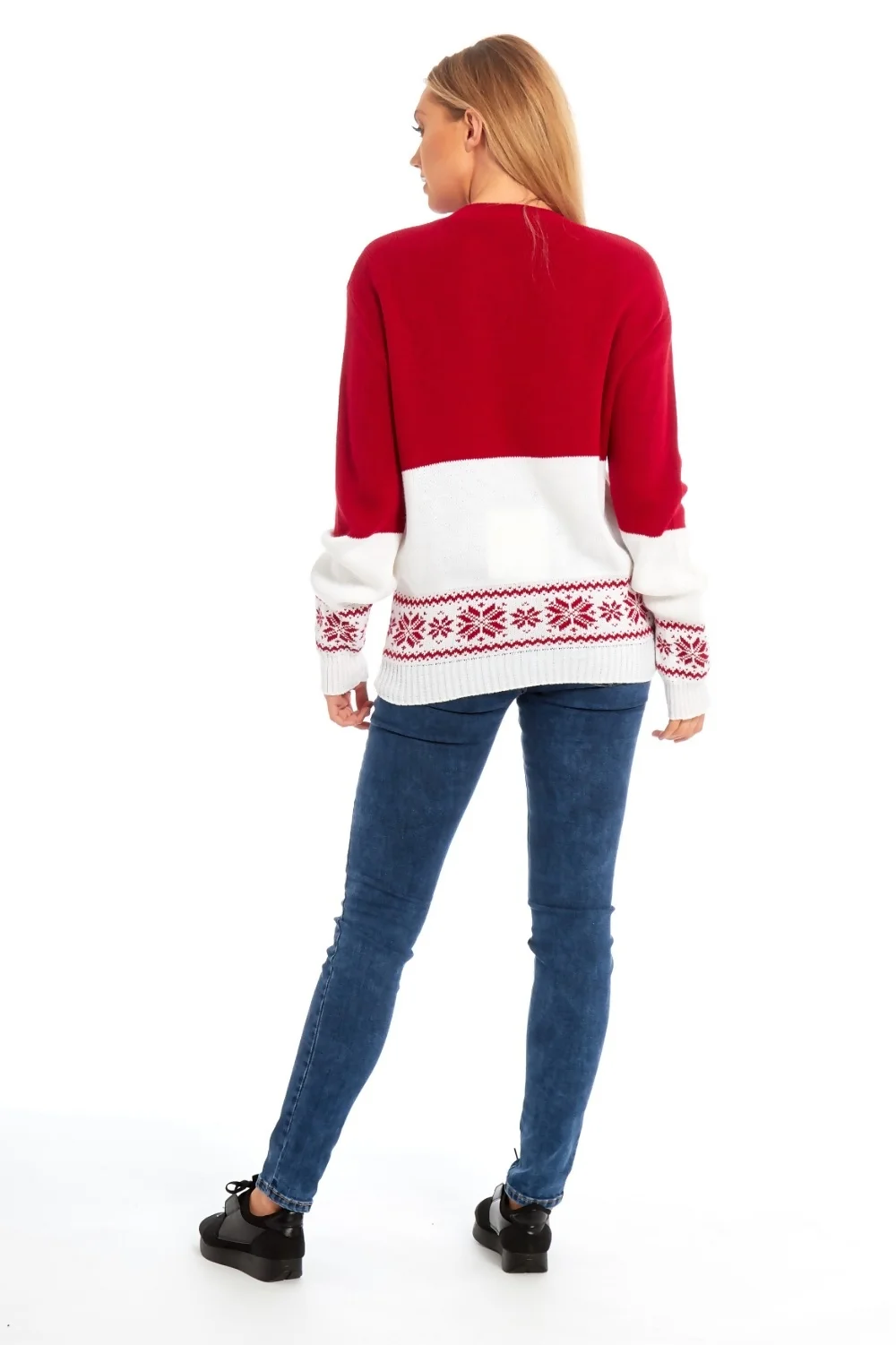 Red Reindeer Christmas Jumper With Snowflake Pattern