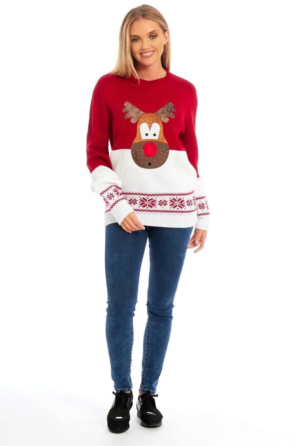 Red Reindeer Christmas Jumper With Snowflake Pattern