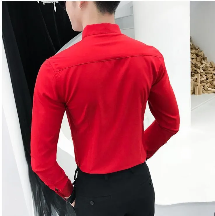 Sexy Solid Polyester Stand Collar Slim Fit Long Sleeve Shirt for Men