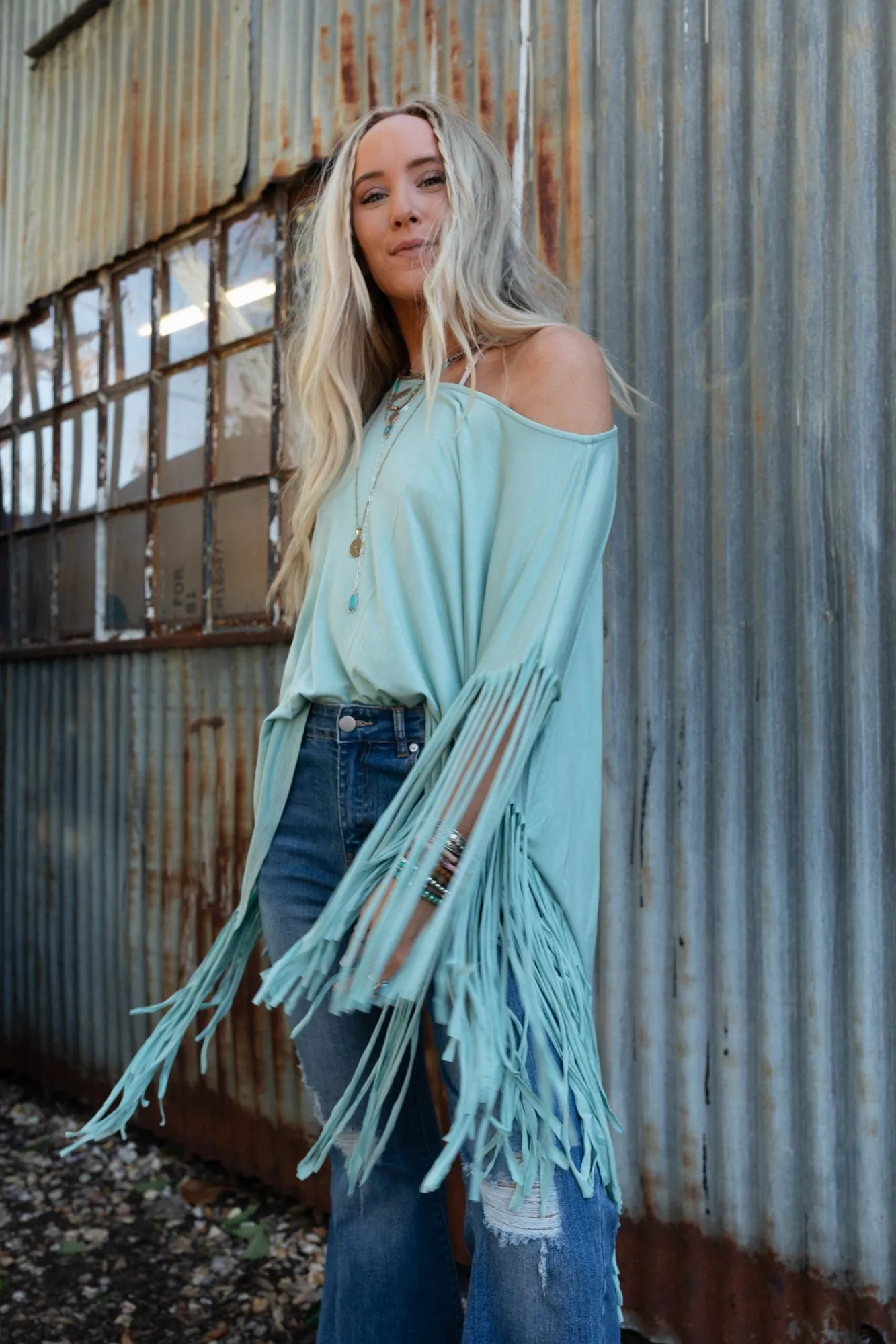 Showstopper Fringe Top - Washed Seafoam