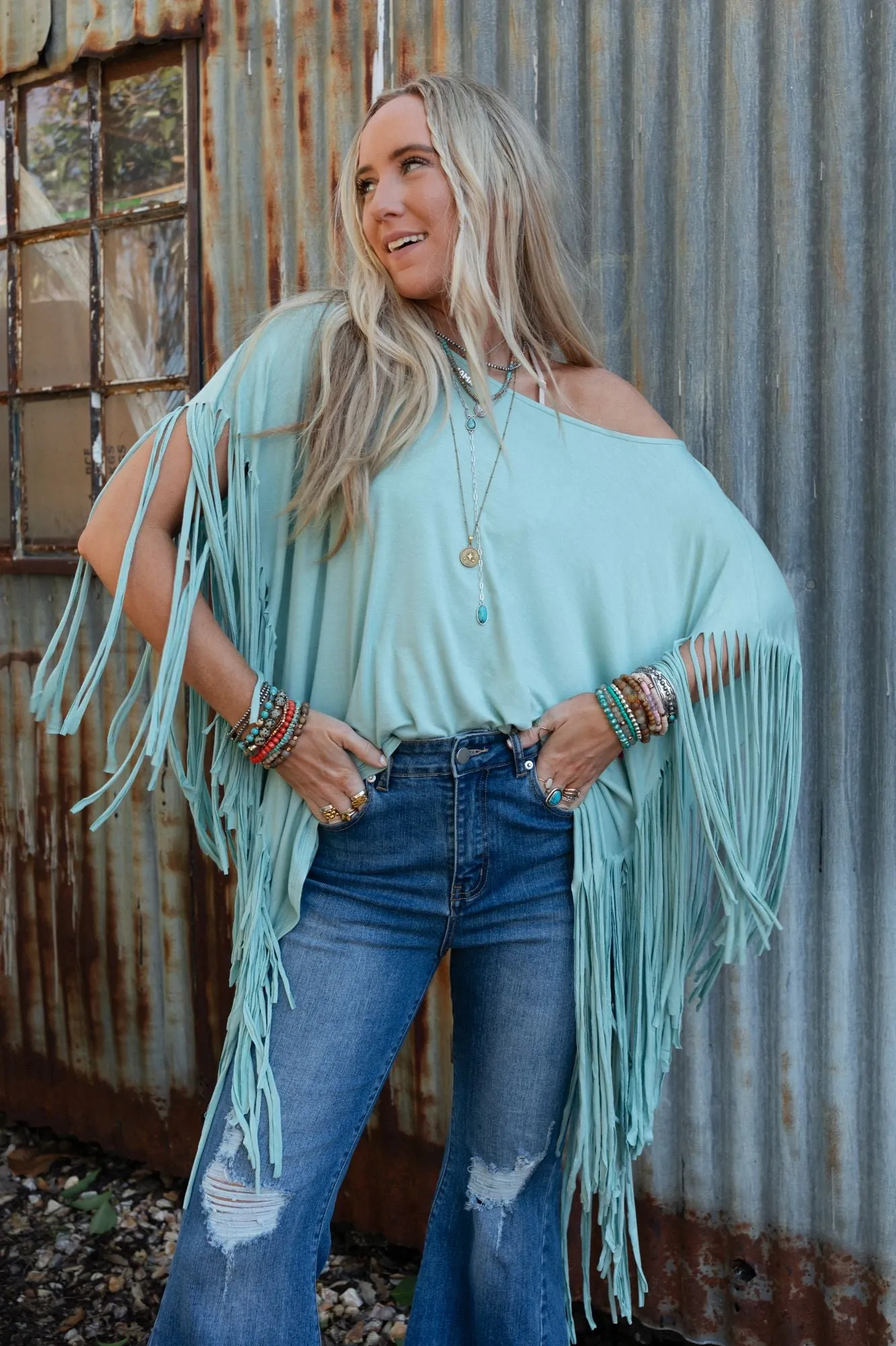 Showstopper Fringe Top - Washed Seafoam