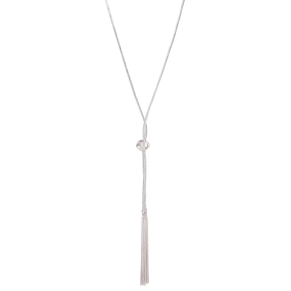 Silver Chain Tassel & Knotted Lariat Necklace