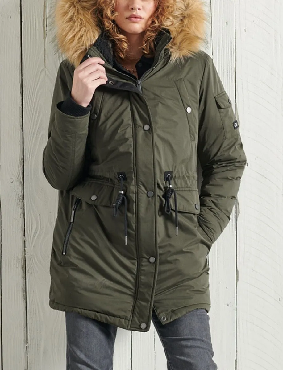 Superdry Womens Nadare Microfibre Parka Jacket Dark Moss